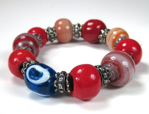 Blue Evil Eye Red Glass Handmade Bead Bracelet Good Luck Bracelet Gypsy Bracelet Evil Eye Jewelry Evil Eye Bracelet Boho Chic Style