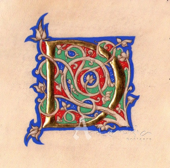 Illuminated letter D on parchment gold leaf and egg tempera
