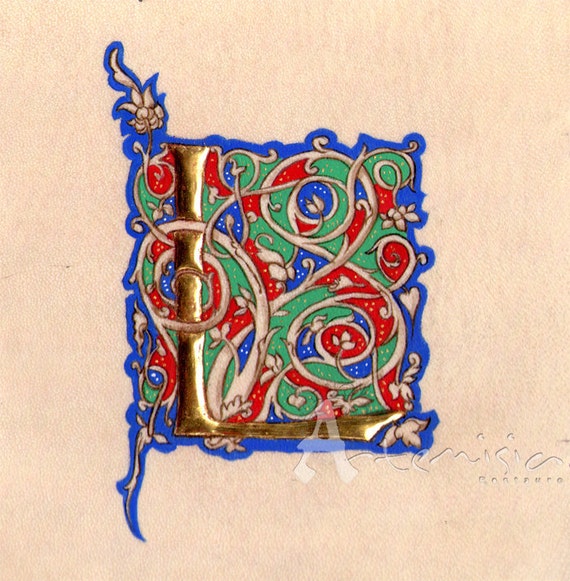 Illuminated letter L on parchment gold leaf and egg tempera
