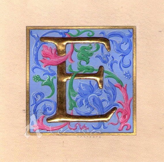 Illuminated letter E on parchment gold leaf and egg tempera