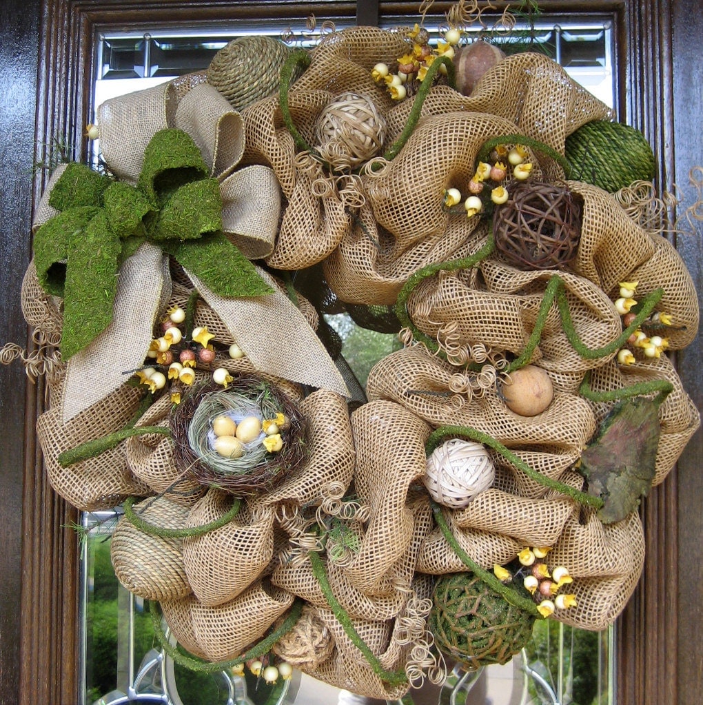 Deco Mesh BURLAP WREATH with Moss and Burlap Bow