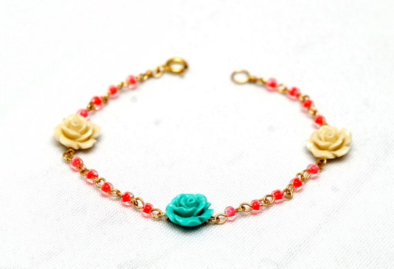 Items similar to HOT pink, turquoise, cream Rose bracelet. 14kt gold ...