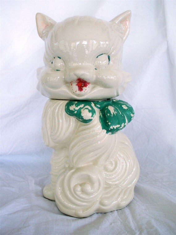 vintage Kitsch Fluffy the White Kitty Cat Cookie Jar