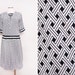 Black and White Drop Waist Dress Pleated Skirt Geometric Print Size Large 1980s Vintage