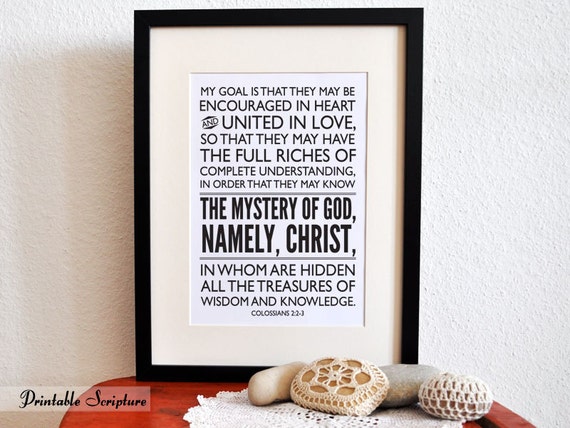 Printable Christian Typography Art. Colossians 2:2-3. The