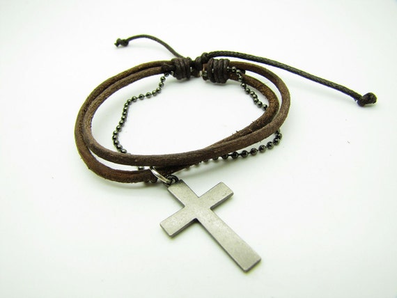 Items similar to Adjustable Bracelet Brown Leather Bracelet Cross ...