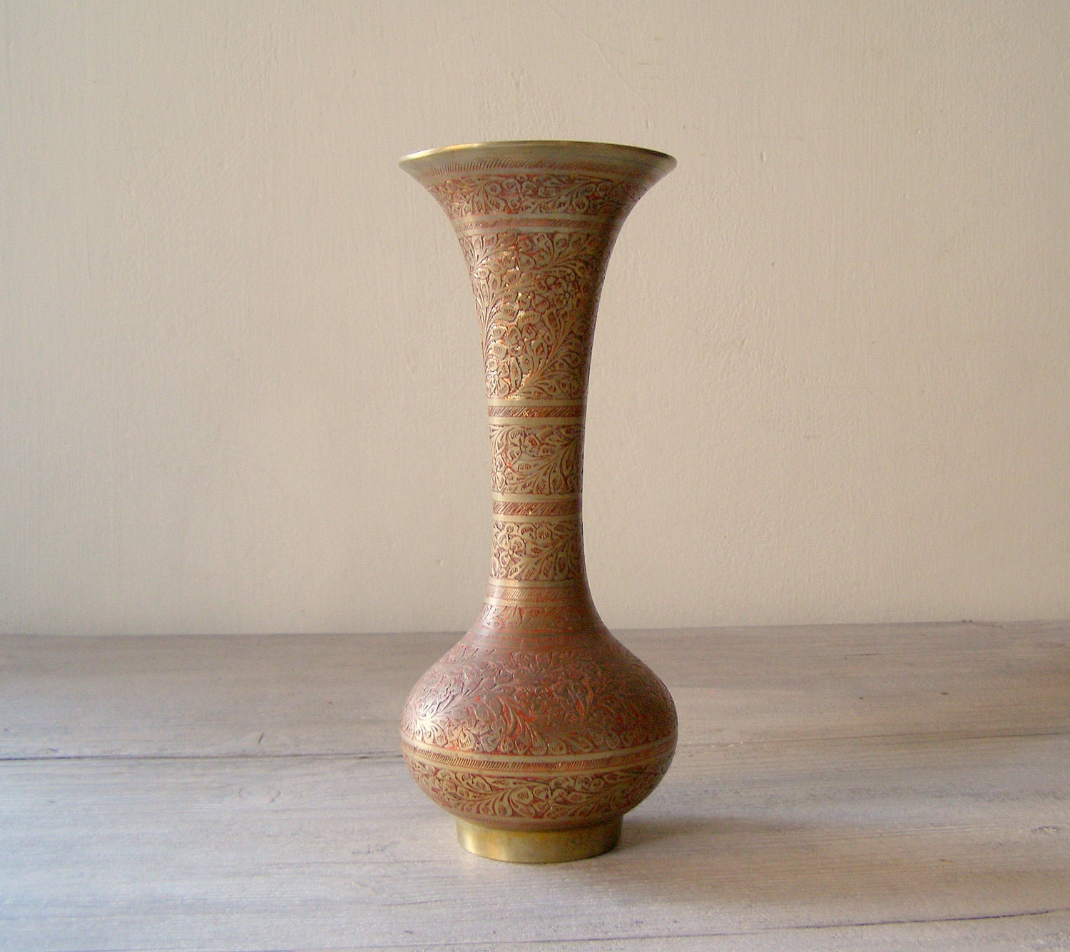 Oriental copper Vase Vintage tall vase yellow copper and red