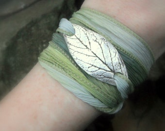 Leaf Bracelet - Wrap Bracelet Made From a Real Leaf - Silk Ribbon Wrap - Silvan Leaf - Artisan Handcrafted Recycled Silver Botanical Jewelry