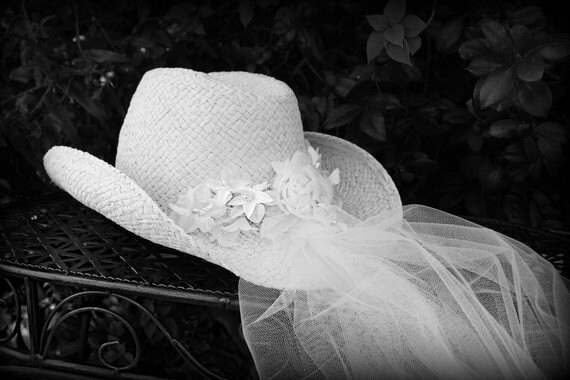 White Cowgirl Hat Bridal Hat with Veil Attached