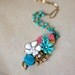 OOAK Vintage style Necklace with Mint green and Coral Blossoms Pendant