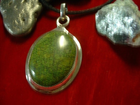 Large Olive Green Jasper Gemstone and Sterling Silver Pendant
