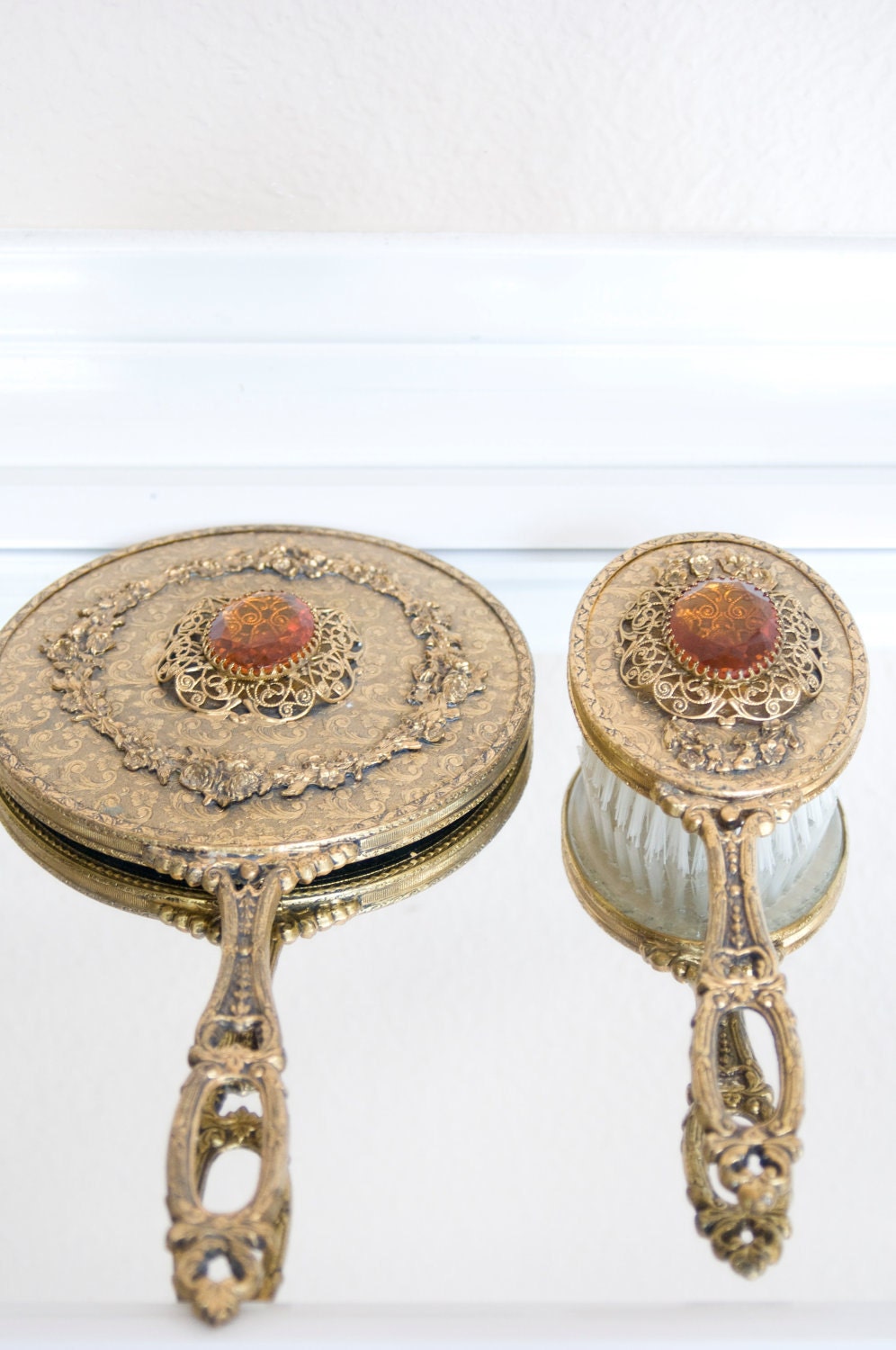 Vanity Mirror And Brush Set Gold Shabby Chic Victorian