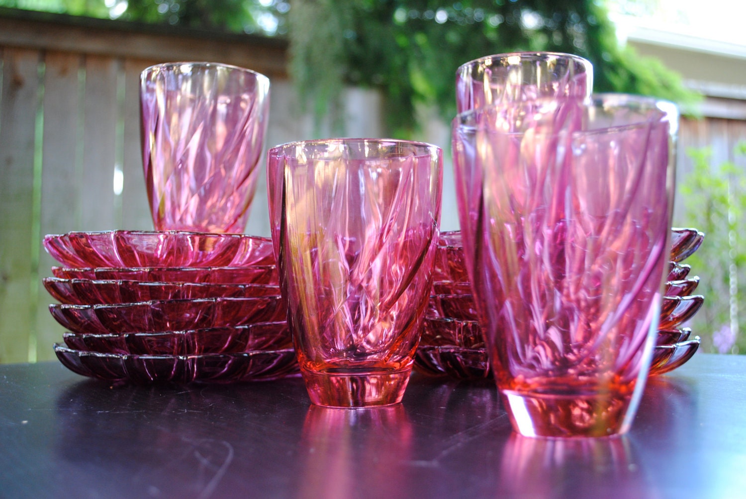 Vintage Pink Glass Salad Plates and Water Glasses