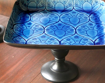 Moroccan Weddings - Ceramic Cake Stand Pedestal in Cobalt Blue / Cupcake Stand / Square Dessert Pedestal / Petit Four Platter