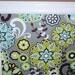 Framed Magnetic Board Grey Fabric with LimeGreen & Turquoise Flowers in Glossy White Frame with Four Jewel Magnets