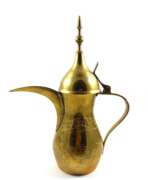 Brass Coffee Pot Arab Dallah Floral Flower by OldVintageGoodies