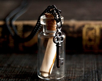 Message in a Bottle Necklace with Tiny Skeleton Key