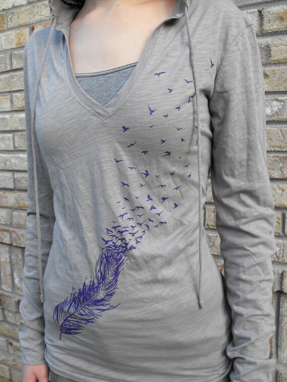Items similar to slub thin hoodie junior womens feather and birds on Etsy