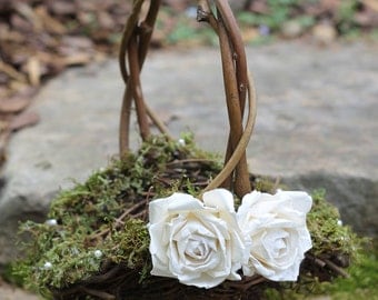 Flower Girl Basket Lined With Moss And Pearls or Crystals, Roses Rustic Shabby Chic Weddings PLEASE READ MEASUREMENTS!