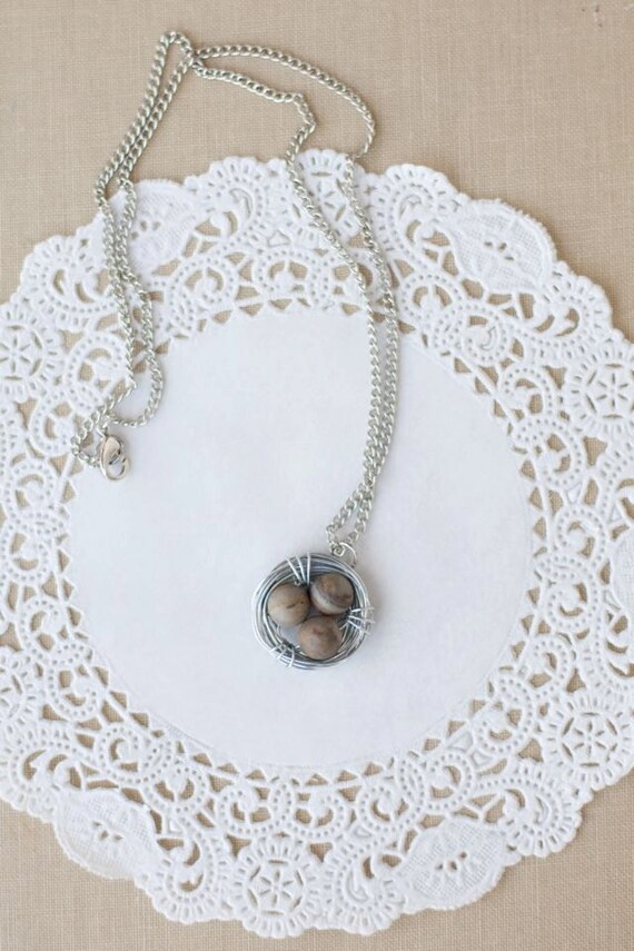 wire wrapped bird nest necklace stone