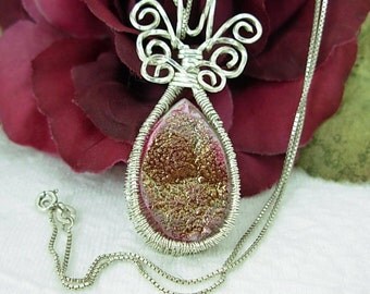 Pink Druzy, Silver Wire Wrapped Pendant Necklace, Butterfly Design