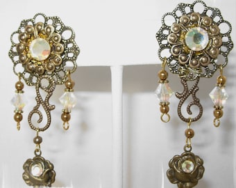 Vintage Brass,Victorian, Renaissance,Swarovski Dangle Earrings