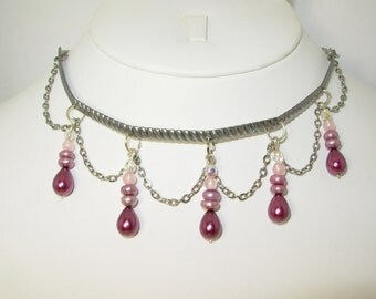 Industrial, Romantic Patterned Steel Choker, Chain Drapes & Freshwater Pearls