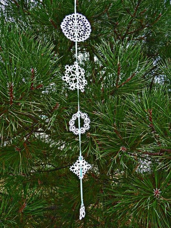 Tatting Christmas garland white snowflakes - wedding decorations - home decor
