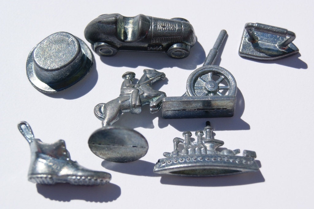 7 Vintage Monopoly Metal Game Pieces car top by scrapitsideways