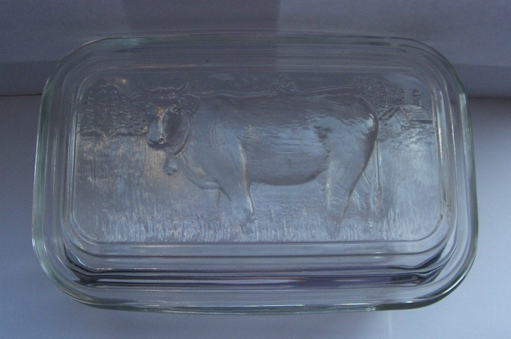 Vintage Glass Butter Dish with Cow Design by arc France