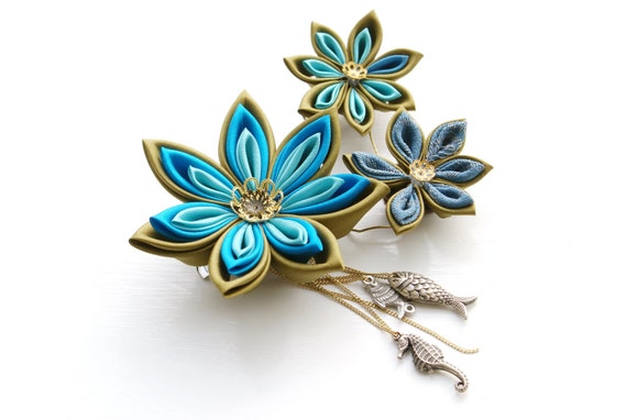 Mermaid Fascinator -  Flower Fascinator in Burnt Gold and Turquoise/Teal: Steampunk Fascinator, Kanzashi Fascinator, Turquoise Hair Flowers steampunk buy now online