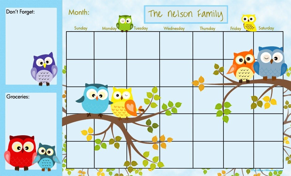 PRINTABLE Owl Family Calendar Personalized Dry Erase Large