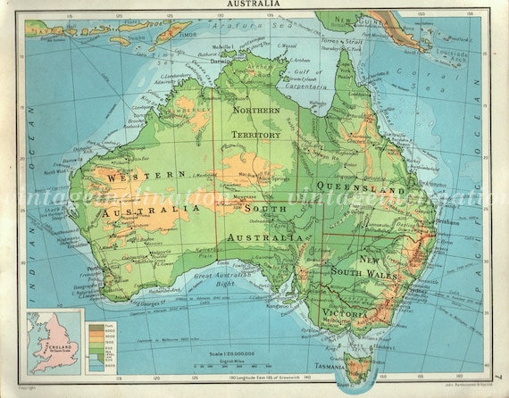 Antique WW2 AUSTRALIA map map of Australia with state