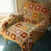 vintage granny square afghan tan background with muticolored squares wool throw 3'x5'