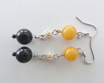Gemstone Earrings - Long Dangle Goldstone and Topaz Gemstone Earrings