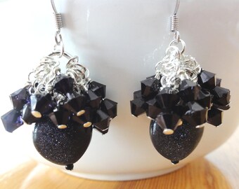 Gemstone Earrings - Long Dangle Heart-Shaped Goldstone Earrings - one of a kind jewelry
