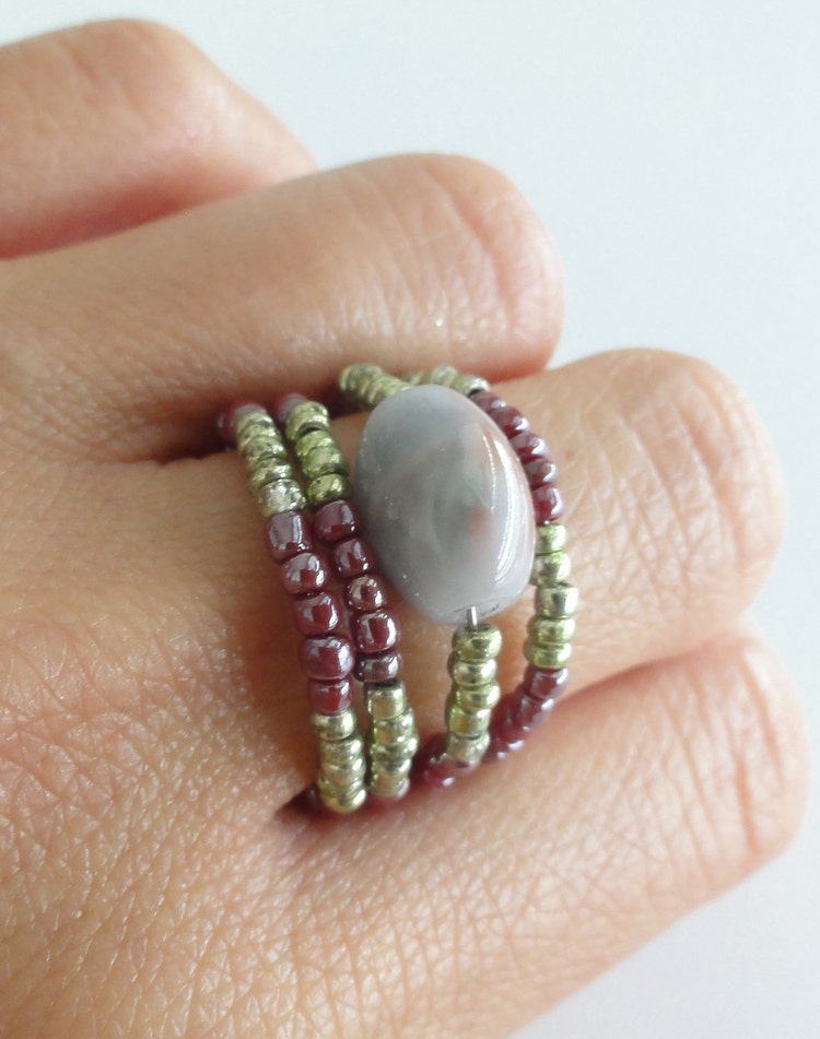 Beaded memory wire ring beautiful glass bead ring by Schaefli