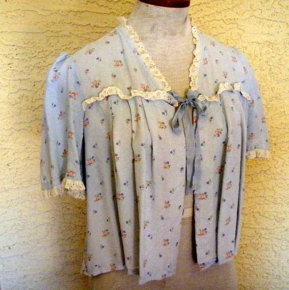 Sweet Vintage Bed Jacket Blue Floral Crepe by SweetRepeatVintage