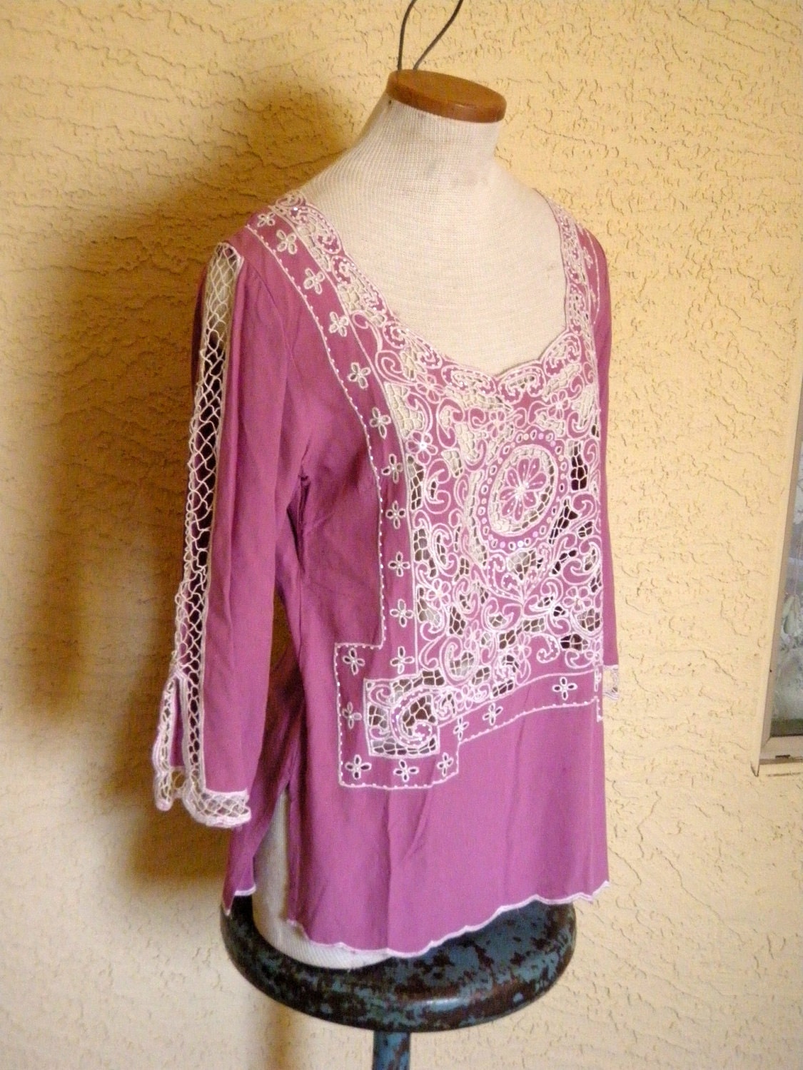 Vintage Cut Work Blouse Top Rayon Bohemian by SweetRepeatVintage