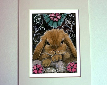 Baby Bunny Watercolor Painting 5 x 7 matted art print cute Lop Eared