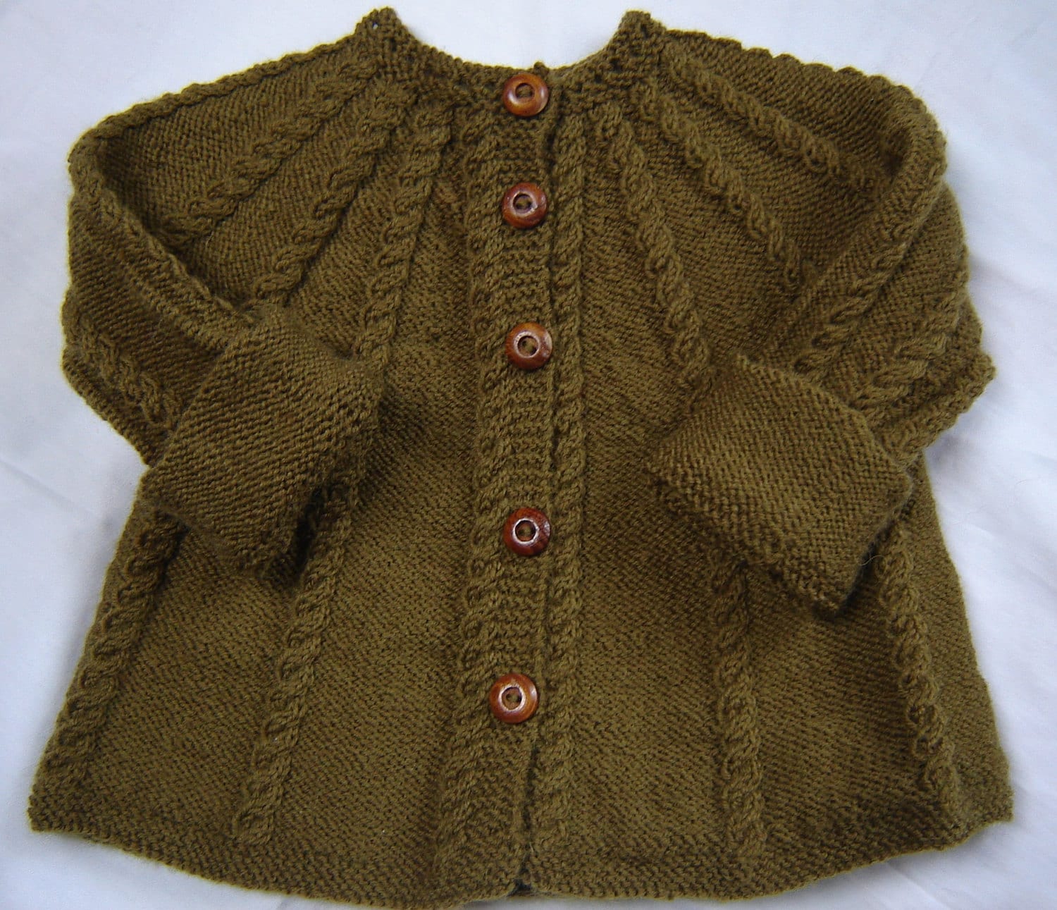 Baby Sweater Hand Knit Wool Olive Green Size 3M