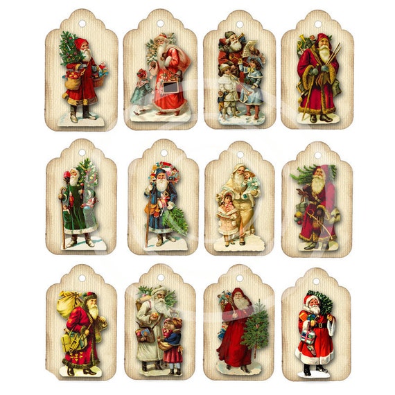 Vintage Victorian Santas Gift Tags Twelve Christmas Images