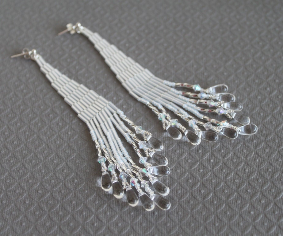Extra Long White Beaded Earrings Chandelier earrings Dangle