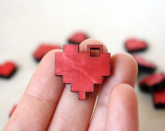 Red Pixel Heart Necklace, Geek Gamer Jewelry in Birch Wood, "I Love You in Pixels"