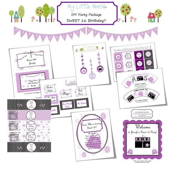 DIY PRINTABLE Sweet 16 Birthday Decoration colors can be changed if purple isn't your color Il_570xn