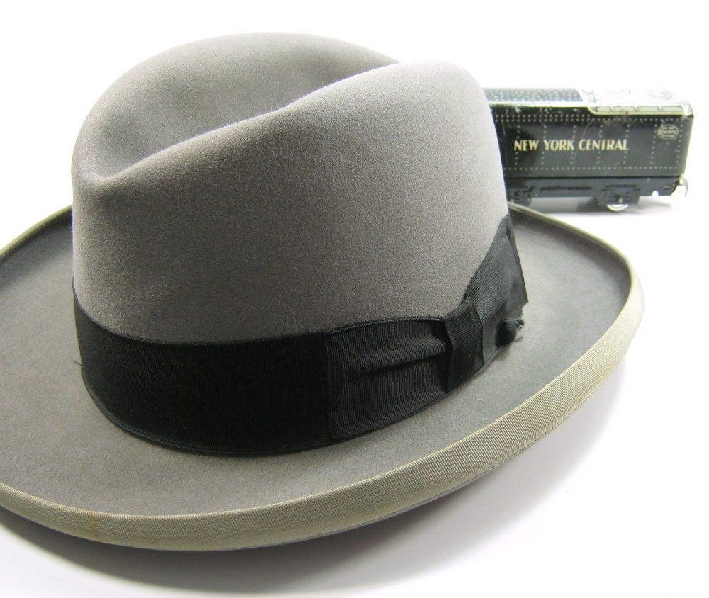 vintage mens Hat Grey Felt Homburg Curled by DairyFarmAntiques