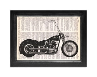 Harley Davidson with Ape Hangers - Printed on Vintage Dictionary Paper - 8x10.5 - Motorcycle Art Print