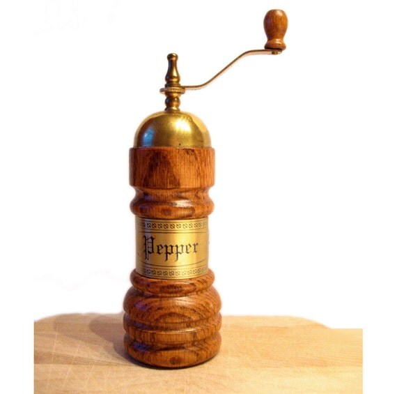 Vintage Pepper Mill Grinder Retro Wood & Brass by DownEastAttic