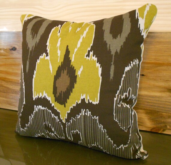 Ikat decorative pillow chartreuse green black and grey