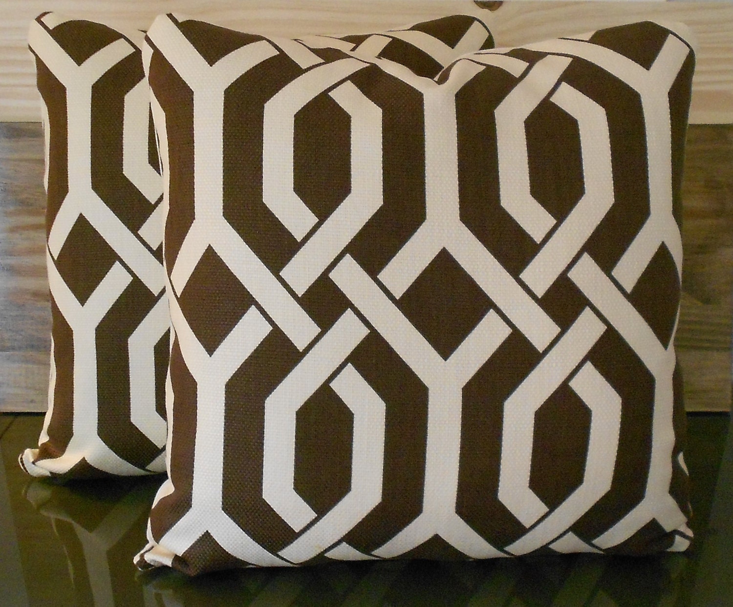 Pair of Chocolate brown trellis decorative by pillowflightpdx